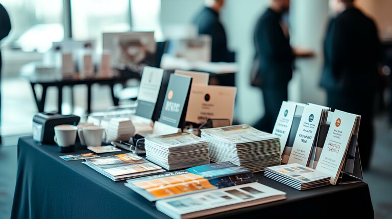 Un affichage de cahiers, de brochures et de supports d'impression posés sur une table lors d'un événement professionnel, avec les participants en arrière-plan.